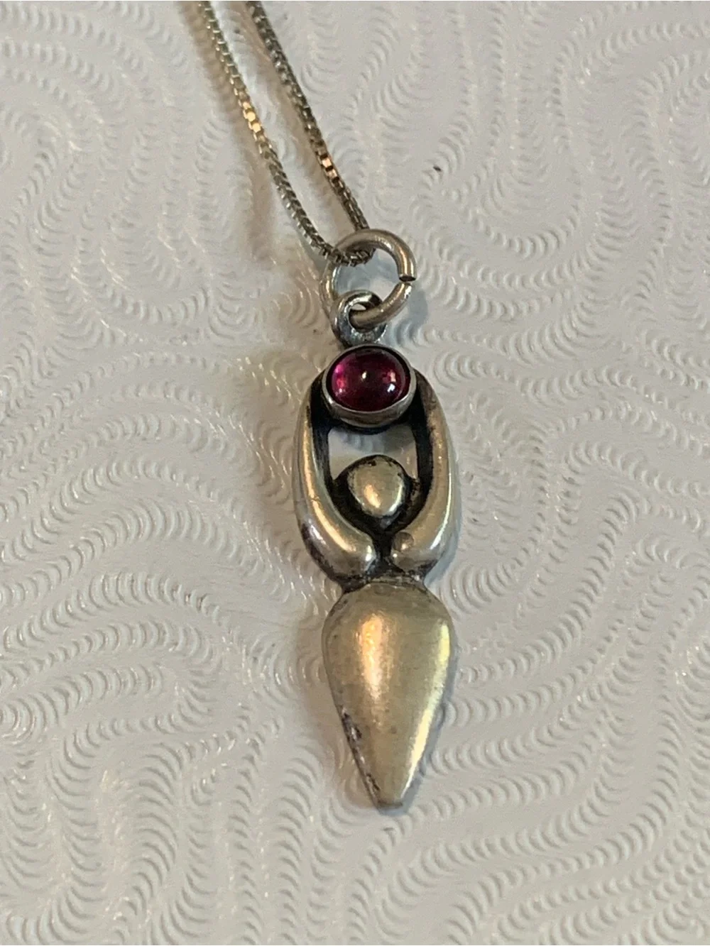 Sterling Silver Goddess Pendant Necklace with Red Cabochon